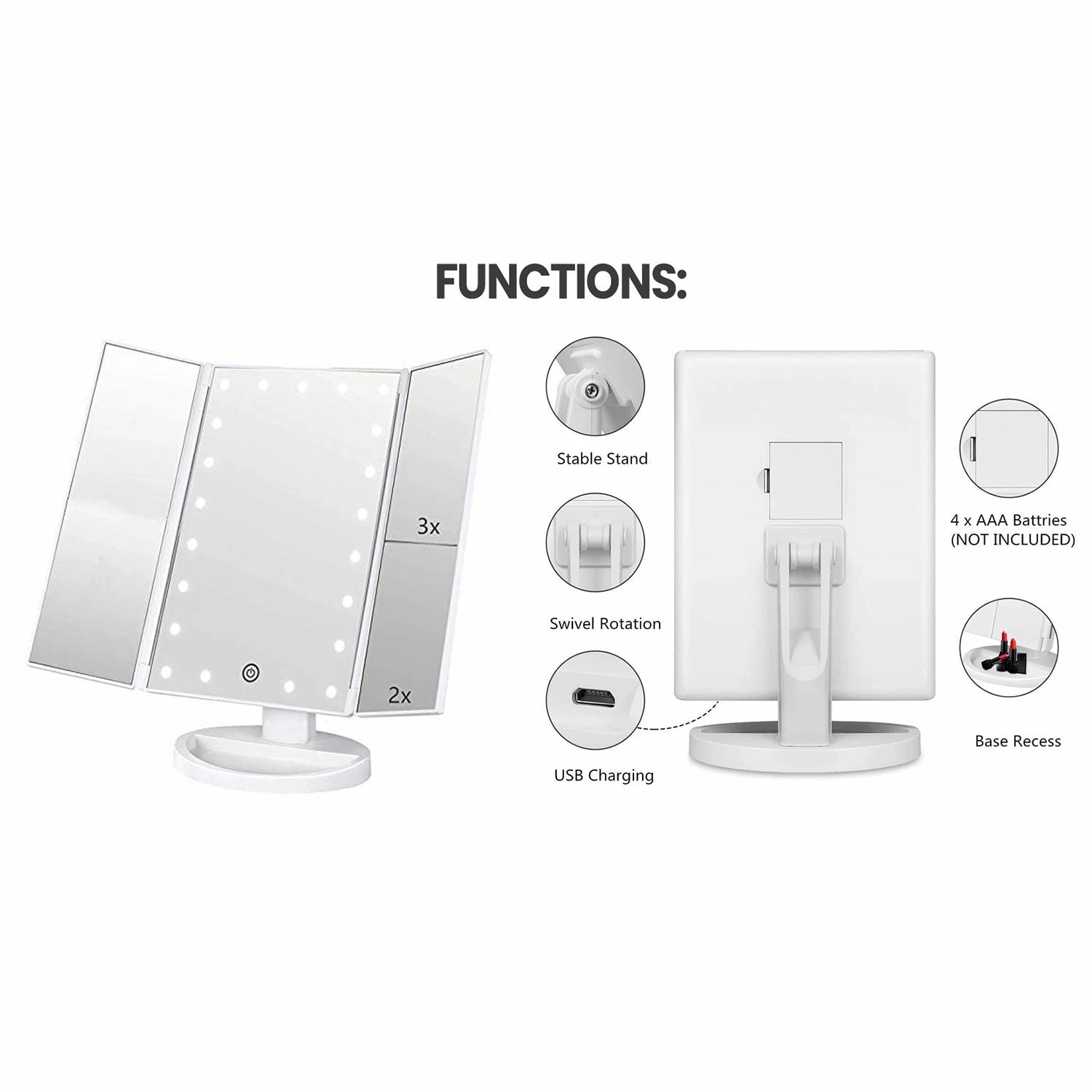 TagCo USA Inc Tri Fold 21 Dimmable Touch LED Lights Vanity Cosmetic Mirror With Magnification 3 TagCo USA Inc Tri Fold 21 Dimmable Touch LED Lights Vanity Cosmetic Mirror With Magnification - Image 3