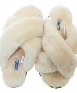 Jeetish Smith's Women's Genuine Plush Criss Cross Australian Shearling Slide Slippers -Deals Slowpitch Softball Bats Store WSM30021 Natural 6